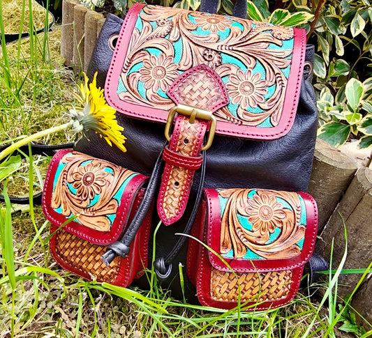 Auric Exotica Mini Hand-Carved Leather Backpack – Black & Phiroza Artisan Rucksack