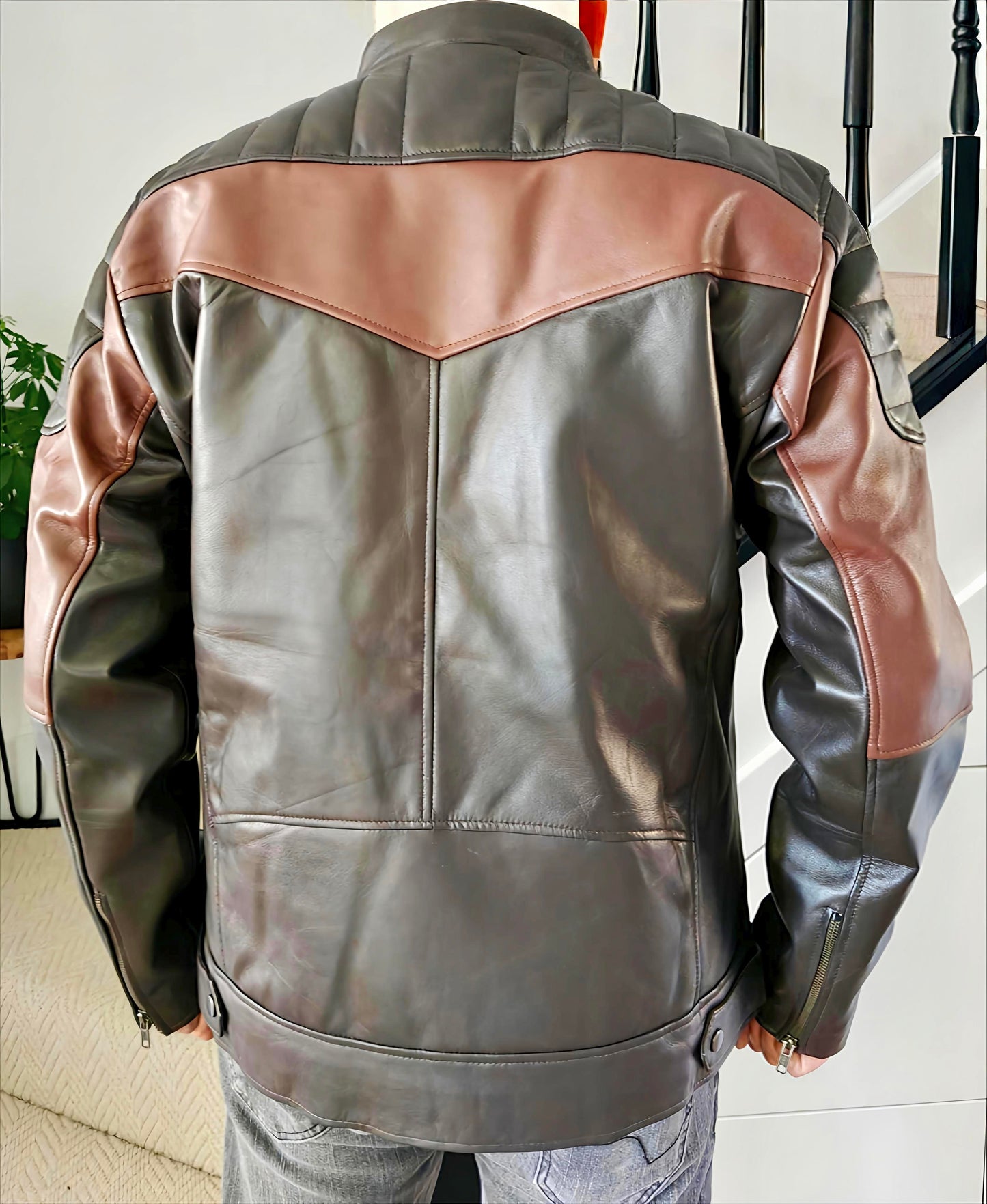 The Ebony Horizon Leather jacket with Chestnut Accent - Premium leather