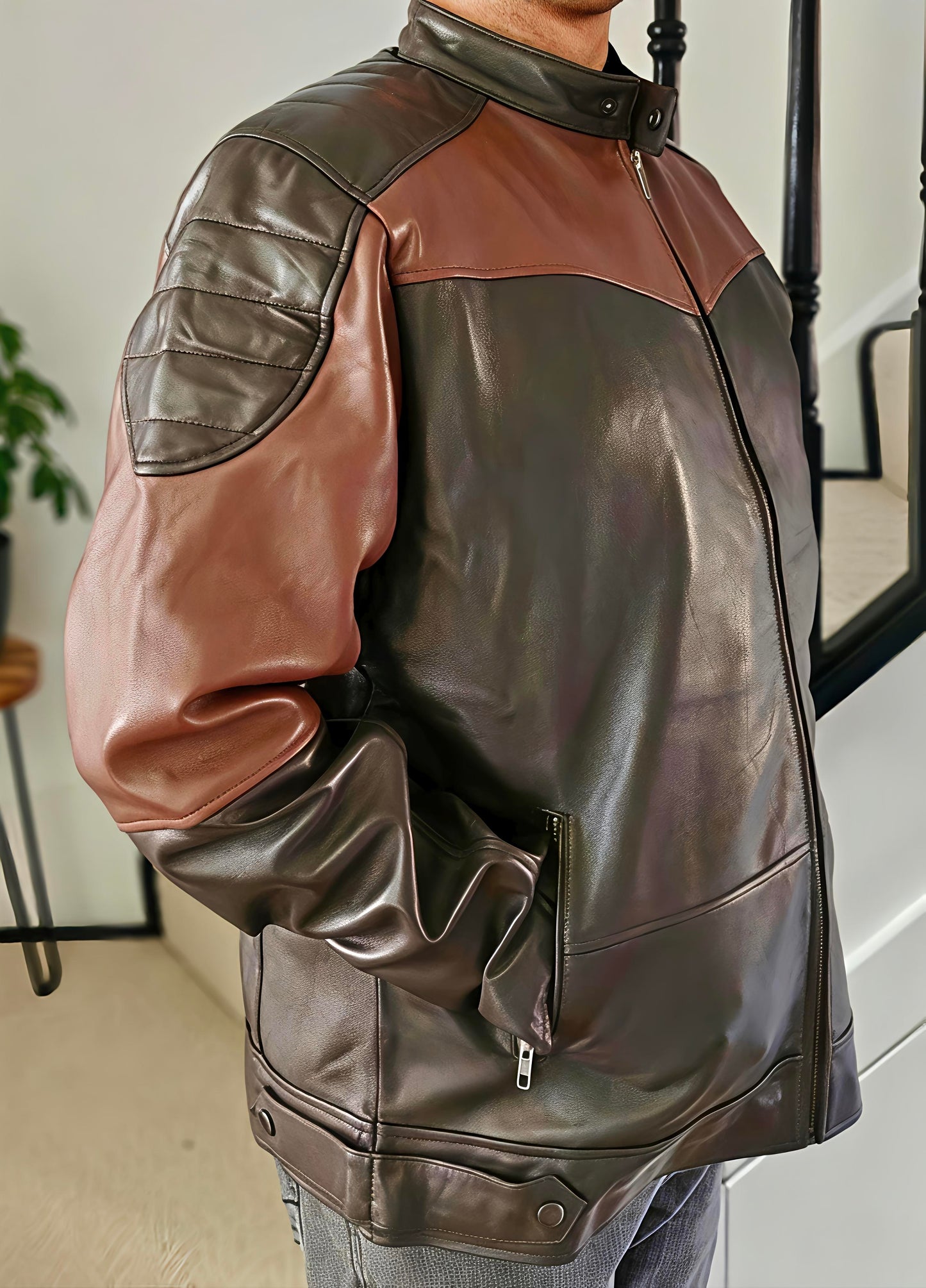 The Ebony Horizon Leather jacket with Chestnut Accent - Premium leather